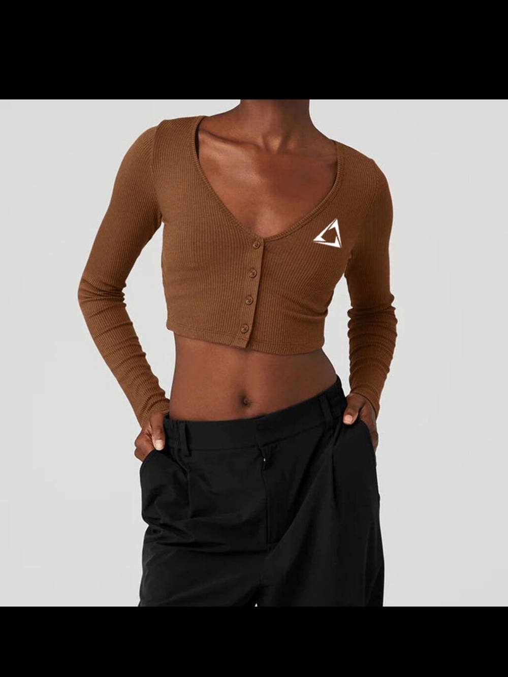Alo Yoga brown ribbed knit long sleeve crop top